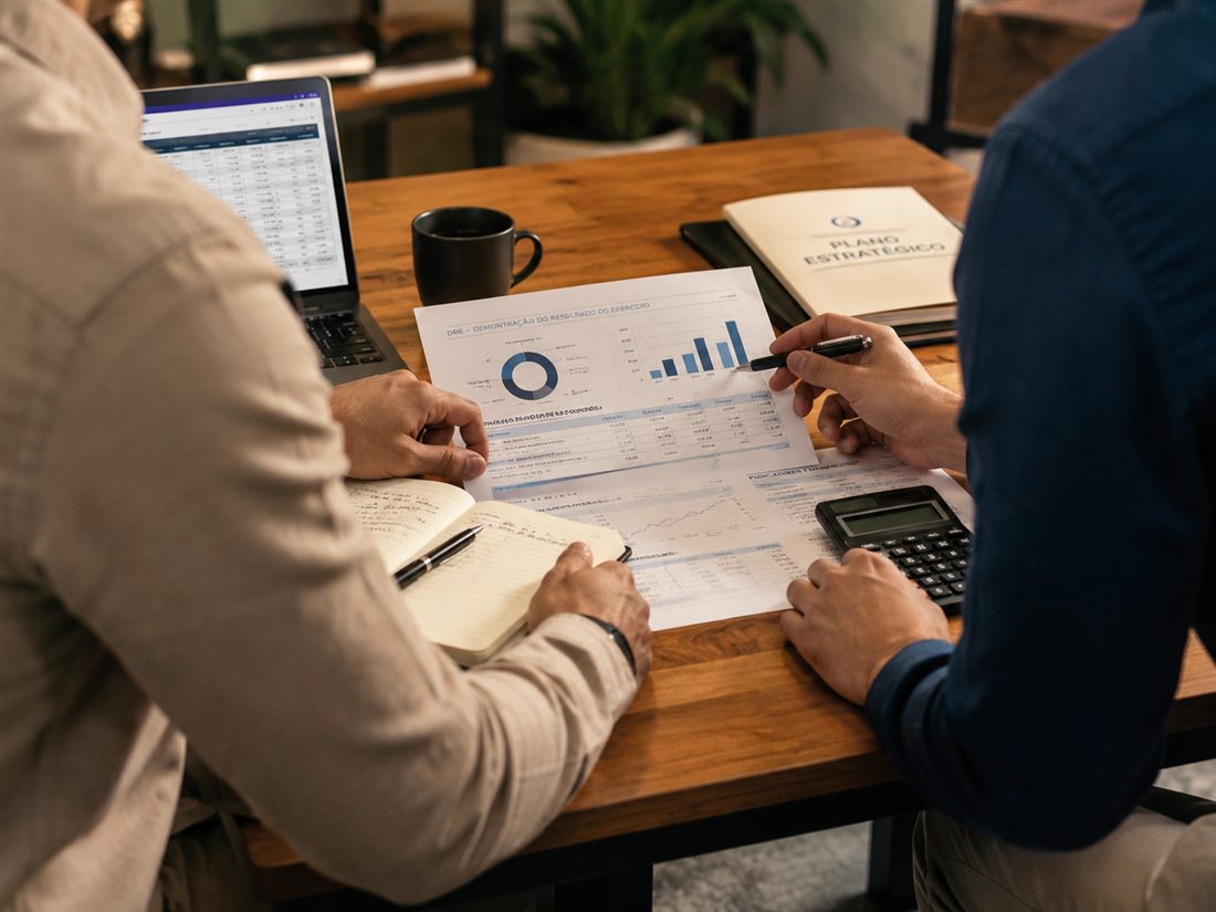 Equipe analisando DRE e plano estratégico