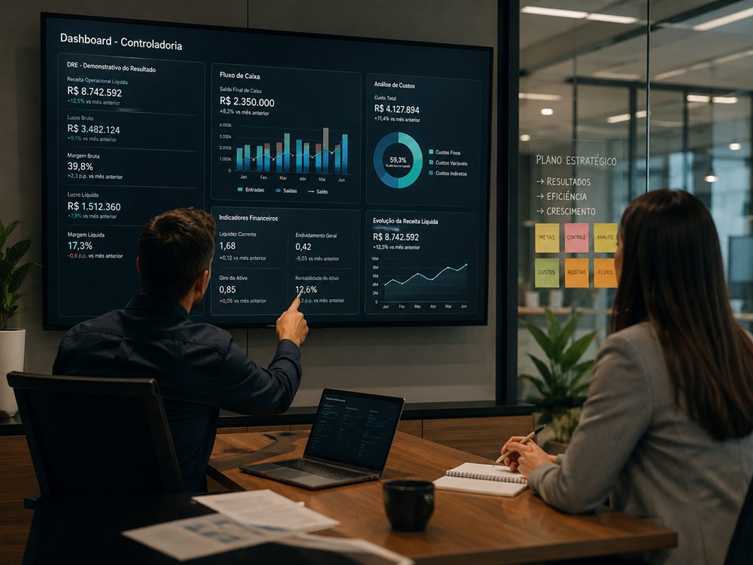 Dashboard de controladoria com indicadores financeiros